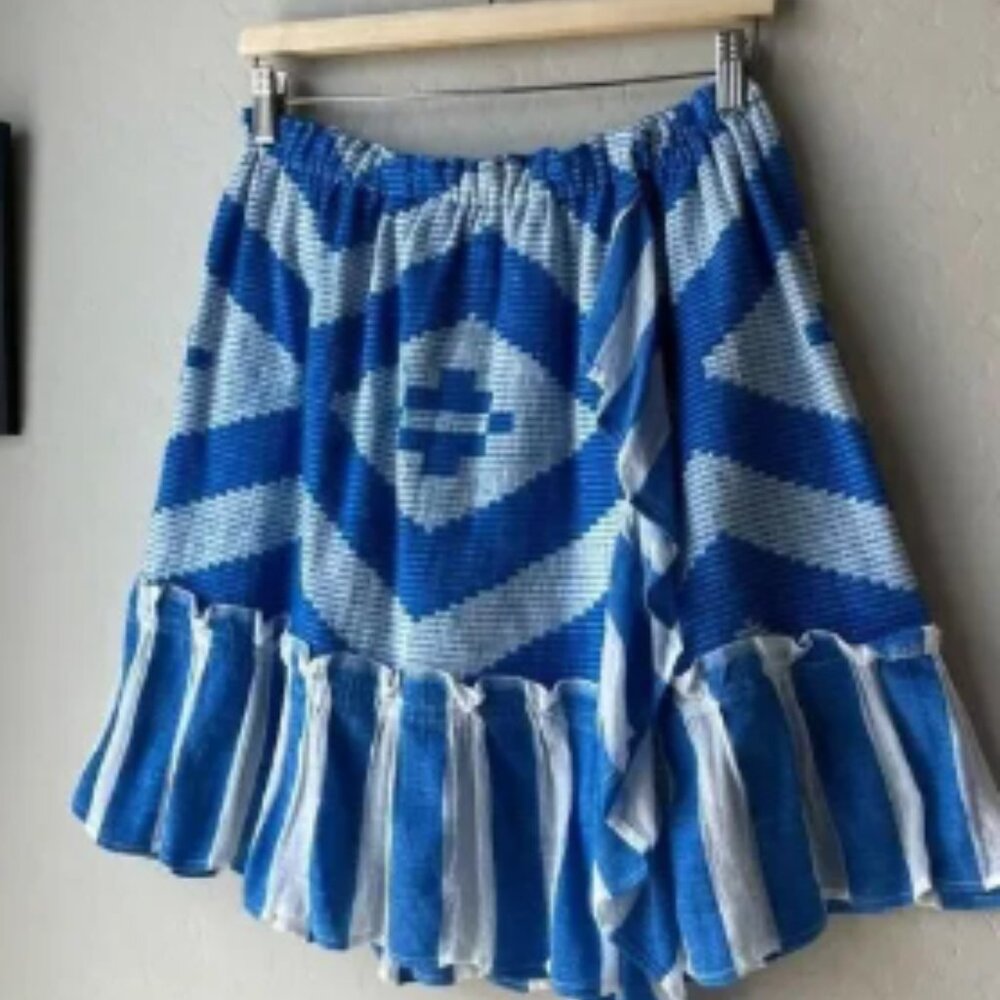 Lemlem Blue Striped Aztec Print Boho Ruffled Summer Beach Mini Skirt Size Large